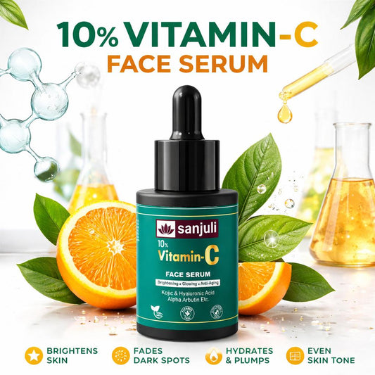 Sanjuli 10%Vitamin C Face Serum 30ml/ for Brightning & Glowing Skin with Kojic, Hyaluronic Acid and Alpha Arbutin & Natural Extracts Like Tomato, Carrot, Grape Seed Extracts \