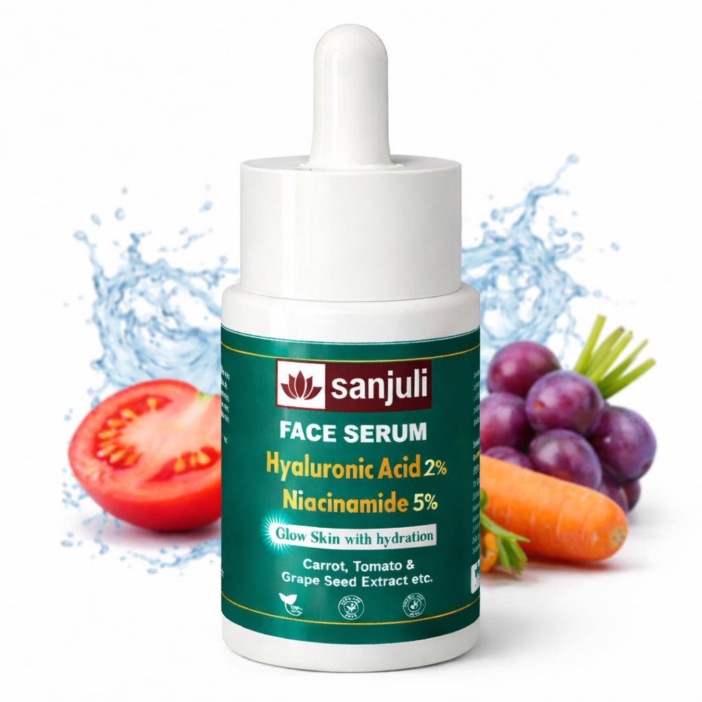 Sanjuli Face Serum Hyaluronic Acid 2% & Niacinamide 5% Face Serum| Brightening, Hydration & Oil Control | Reduces Acne Marks & Pores | Suitable for All Skin Types (PACK OF 30ML)with Carrot, Tomato & Grape Seed Extract etc.