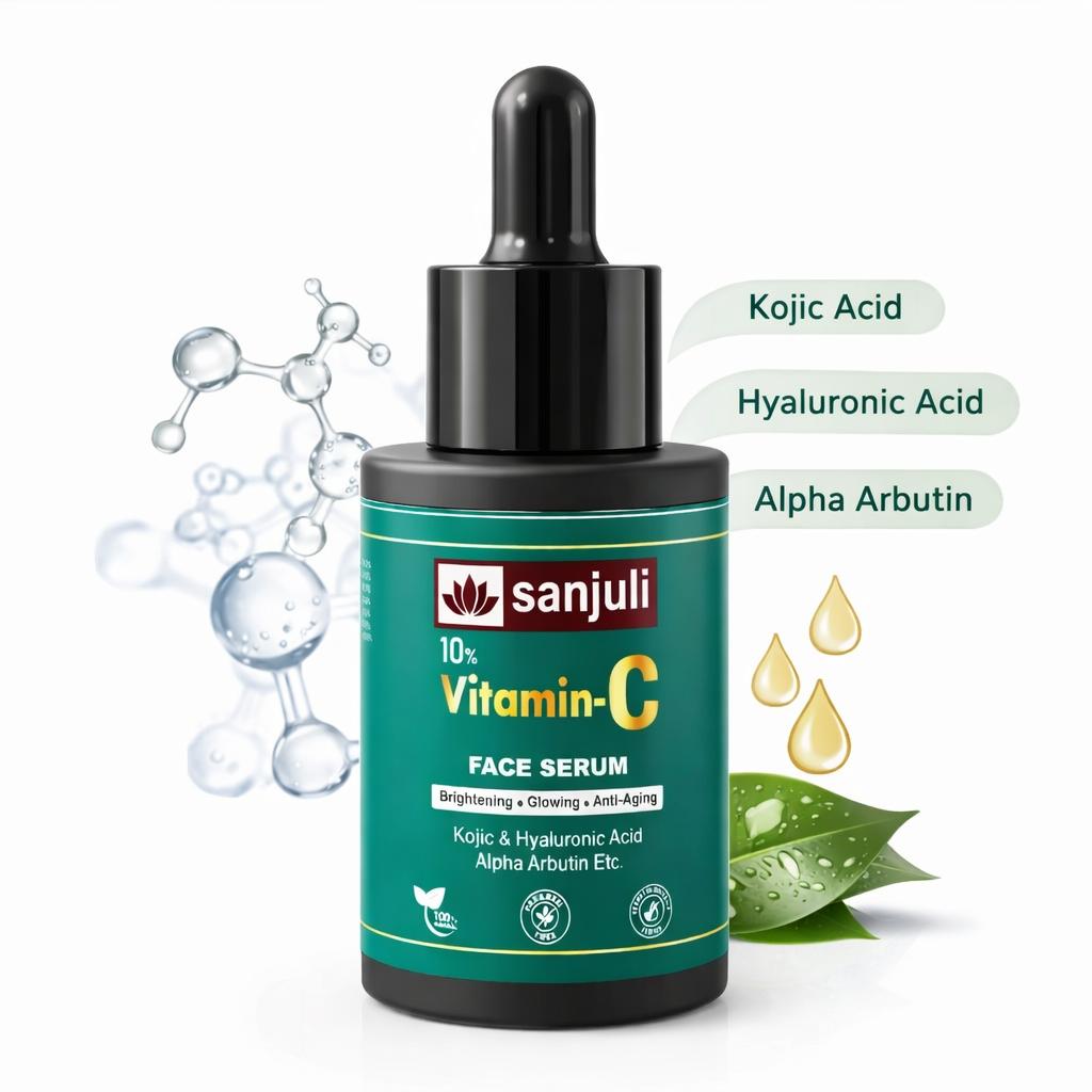 Sanjuli 10%Vitamin C Face Serum 30ml/ for Brightning & Glowing Skin with Kojic, Hyaluronic Acid and Alpha Arbutin & Natural Extracts Like Tomato, Carrot, Grape Seed Extracts \