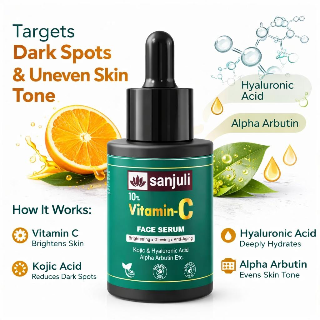 Sanjuli 10%Vitamin C Face Serum 30ml/ for Brightning & Glowing Skin with Kojic, Hyaluronic Acid and Alpha Arbutin & Natural Extracts Like Tomato, Carrot, Grape Seed Extracts \