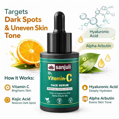 Sanjuli 10%Vitamin C Face Serum 30ml/ for Brightning & Glowing Skin with Kojic, Hyaluronic Acid and Alpha Arbutin & Natural Extracts Like Tomato, Carrot, Grape Seed Extracts \