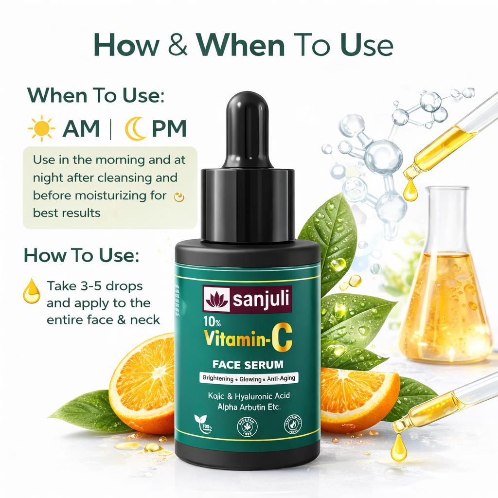 Sanjuli 10%Vitamin C Face Serum 30ml/ for Brightning & Glowing Skin with Kojic, Hyaluronic Acid and Alpha Arbutin & Natural Extracts Like Tomato, Carrot, Grape Seed Extracts \