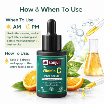 Sanjuli 10%Vitamin C Face Serum 30ml/ for Brightning & Glowing Skin with Kojic, Hyaluronic Acid and Alpha Arbutin & Natural Extracts Like Tomato, Carrot, Grape Seed Extracts \