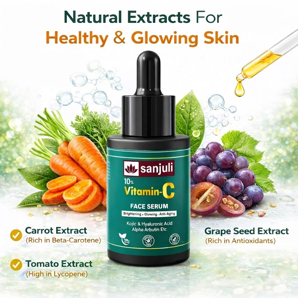 Sanjuli 10%Vitamin C Face Serum 30ml/ for Brightning & Glowing Skin with Kojic, Hyaluronic Acid and Alpha Arbutin & Natural Extracts Like Tomato, Carrot, Grape Seed Extracts \