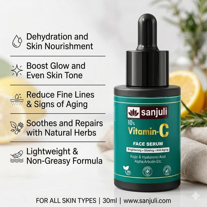 Sanjuli 10%Vitamin C Face Serum 30ml/ for Brightning & Glowing Skin with Kojic, Hyaluronic Acid and Alpha Arbutin & Natural Extracts Like Tomato, Carrot, Grape Seed Extracts \