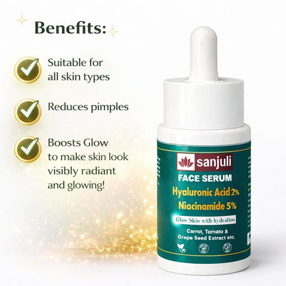 Sanjuli Face Serum Hyaluronic Acid 2% & Niacinamide 5%  Face Serum| Brightening, Hydration & Oil Control | Reduces Acne Marks & Pores | Suitable for All Skin Types (PACK OF 30ML)with Carrot, Tomato & Grape Seed Extract etc.