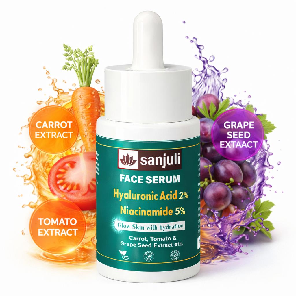 Sanjuli Face Serum Hyaluronic Acid 2% & Niacinamide 5%  Face Serum| Brightening, Hydration & Oil Control | Reduces Acne Marks & Pores | Suitable for All Skin Types (PACK OF 30ML)with Carrot, Tomato & Grape Seed Extract etc.