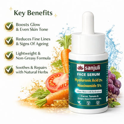 Sanjuli Face Serum Hyaluronic Acid 2% & Niacinamide 5%  Face Serum| Brightening, Hydration & Oil Control | Reduces Acne Marks & Pores | Suitable for All Skin Types (PACK OF 30ML)with Carrot, Tomato & Grape Seed Extract etc.