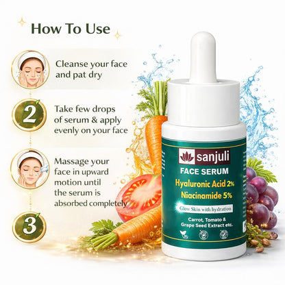 Sanjuli Face Serum Hyaluronic Acid 2% & Niacinamide 5%  Face Serum| Brightening, Hydration & Oil Control | Reduces Acne Marks & Pores | Suitable for All Skin Types (PACK OF 30ML)with Carrot, Tomato & Grape Seed Extract etc.