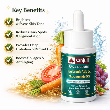 Sanjuli Face Serum Hyaluronic Acid 2% & Niacinamide 5%  Face Serum| Brightening, Hydration & Oil Control | Reduces Acne Marks & Pores | Suitable for All Skin Types (PACK OF 30ML)with Carrot, Tomato & Grape Seed Extract etc.