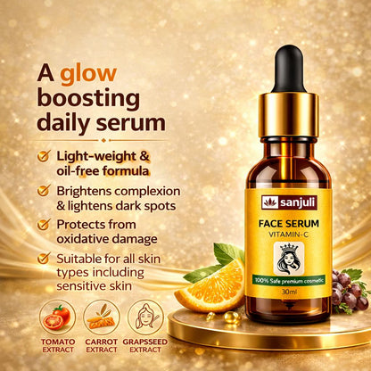 Sanjuli Vitamin C Face Serum 30ml with Alpha Arbutin, Kojic Acid, Hyaluronic Acid With Natural Ingredients like Carrot Extract, Tomato Extract, Grape seed Extract, Aloevera gel etc. for Glowing Skin- Anti-Aging, Dark Spot Removing & Skin Brightening