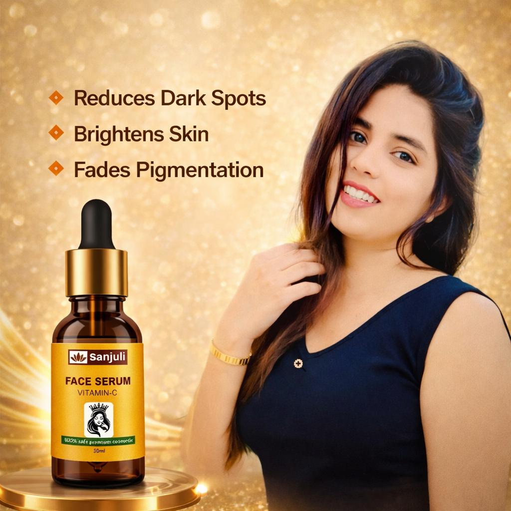 Sanjuli Vitamin C Face Serum 30ml with Alpha Arbutin, Kojic Acid, Hyaluronic Acid With Natural Ingredients like Carrot Extract, Tomato Extract, Grape seed Extract, Aloevera gel etc. for Glowing Skin- Anti-Aging, Dark Spot Removing & Skin Brightening