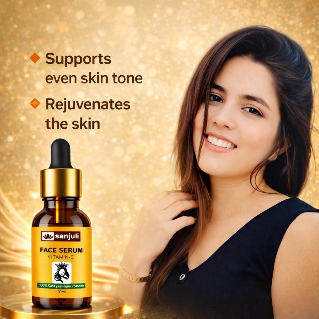 Sanjuli Vitamin C Face Serum 30ml with Alpha Arbutin, Kojic Acid, Hyaluronic Acid With Natural Ingredients like Carrot Extract, Tomato Extract, Grape seed Extract, Aloevera gel etc. for Glowing Skin- Anti-Aging, Dark Spot Removing & Skin Brightening