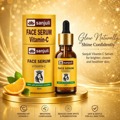 Sanjuli Vitamin C Face Serum 30ml with Alpha Arbutin, Kojic Acid, Hyaluronic Acid With Natural Ingredients like Carrot Extract, Tomato Extract, Grape seed Extract, Aloevera gel etc. for Glowing Skin- Anti-Aging, Dark Spot Removing & Skin Brightening