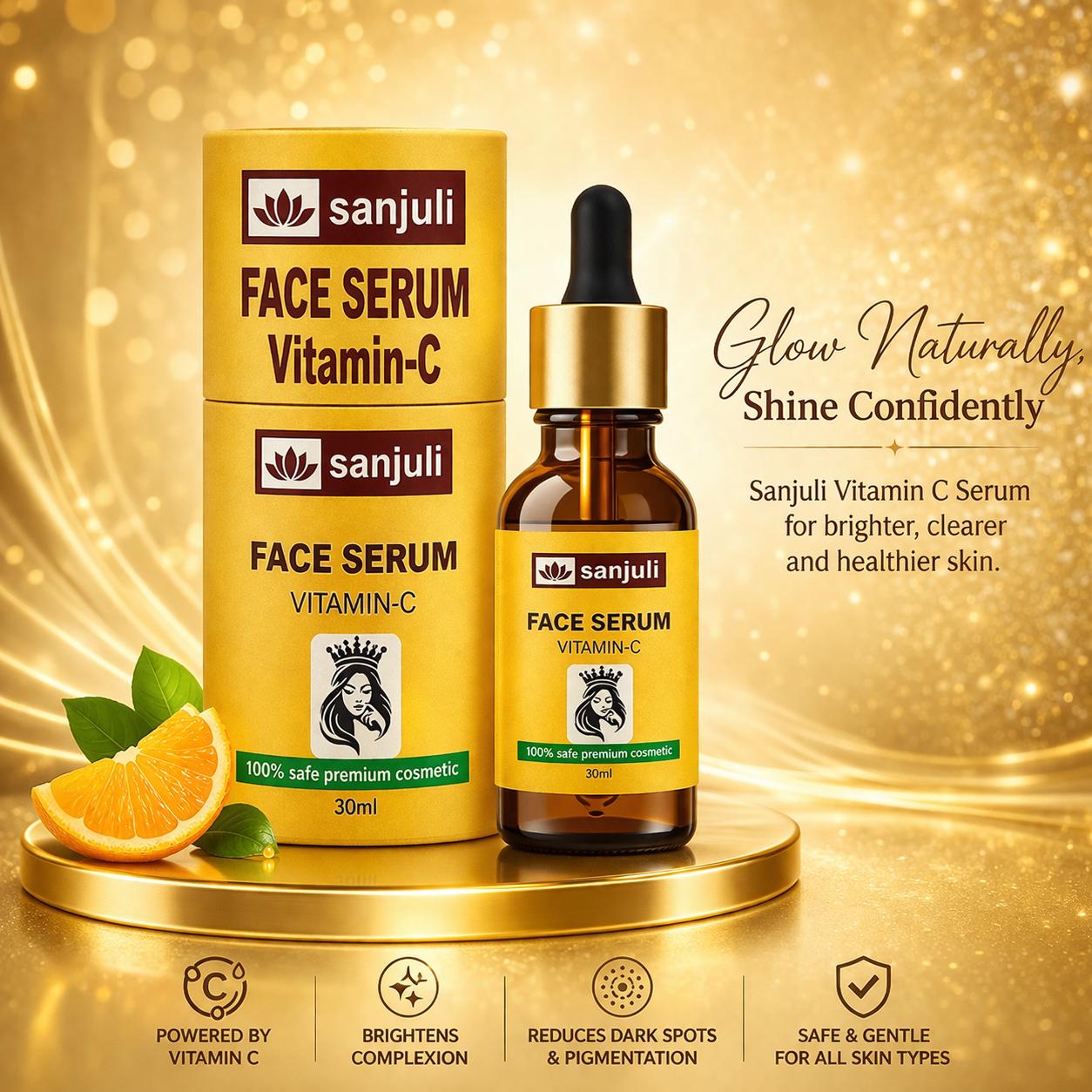Sanjuli Vitamin C Face Serum 30ml with Alpha Arbutin, Kojic Acid, Hyaluronic Acid With Natural Ingredients like Carrot Extract, Tomato Extract, Grape seed Extract, Aloevera gel etc. for Glowing Skin- Anti-Aging, Dark Spot Removing & Skin Brightening