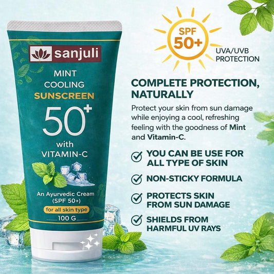 Sanjuli Mint Cooling Sunscreen SPF 50+ with Vitamin C, Neem, Elaichi, Aloevera, Carrot, Glycerine | Ayurvedic Sun Protection Cream with Mint Cooling Effect | Broad Spectrum UVA/UVB | For All Skin Types | Non-Greasy |100g