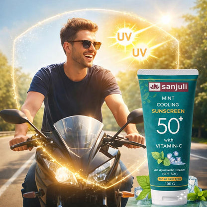 Sanjuli Mint Cooling Sunscreen SPF 50+ with Vitamin C, Neem, Elaichi, Aloevera, Carrot, Glycerine | Ayurvedic Sun Protection Cream with Mint Cooling Effect | Broad Spectrum UVA/UVB | For All Skin Types | Non-Greasy |100g