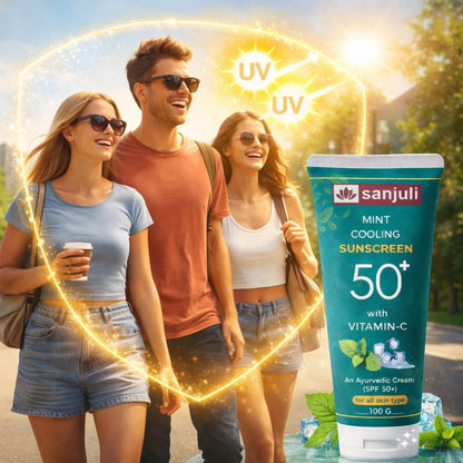 Sanjuli Mint Cooling Sunscreen SPF 50+ with Vitamin C, Neem, Elaichi, Aloevera, Carrot, Glycerine | Ayurvedic Sun Protection Cream with Mint Cooling Effect | Broad Spectrum UVA/UVB | For All Skin Types | Non-Greasy |100g