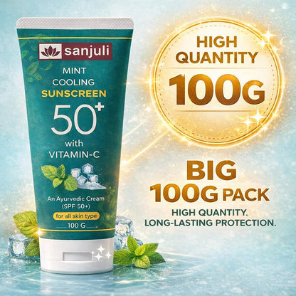 Sanjuli Mint Cooling Sunscreen SPF 50+ with Vitamin C, Neem, Elaichi, Aloevera, Carrot, Glycerine | Ayurvedic Sun Protection Cream with Mint Cooling Effect | Broad Spectrum UVA/UVB | For All Skin Types | Non-Greasy |100g