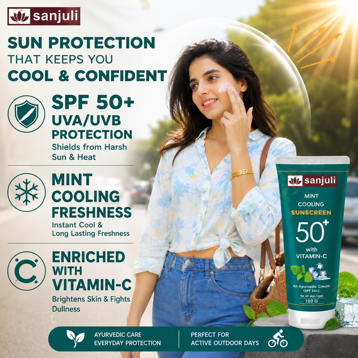 Sanjuli Mint Cooling Sunscreen SPF 50+ with Vitamin C, Neem, Elaichi, Aloevera, Carrot, Glycerine | Ayurvedic Sun Protection Cream with Mint Cooling Effect | Broad Spectrum UVA/UVB | For All Skin Types | Non-Greasy |100g