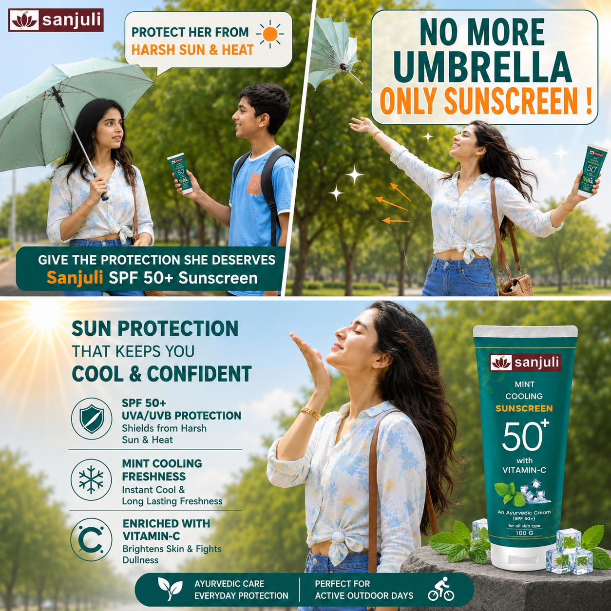 Sanjuli Mint Cooling Sunscreen SPF 50+ with Vitamin C, Neem, Elaichi, Aloevera, Carrot, Glycerine | Ayurvedic Sun Protection Cream with Mint Cooling Effect | Broad Spectrum UVA/UVB | For All Skin Types | Non-Greasy |100g
