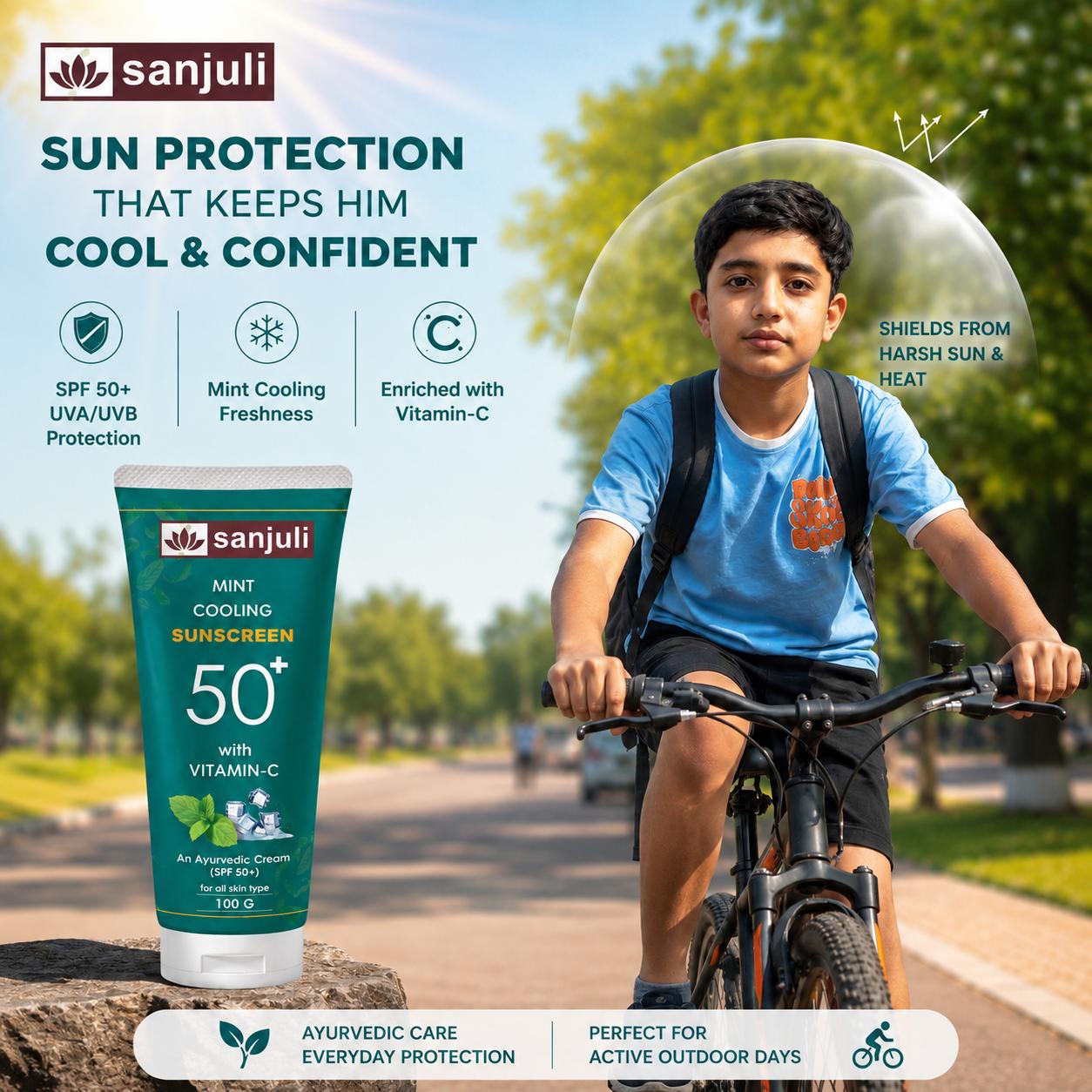 Sanjuli Mint Cooling Sunscreen SPF 50+ with Vitamin C, Neem, Elaichi, Aloevera, Carrot, Glycerine | Ayurvedic Sun Protection Cream with Mint Cooling Effect | Broad Spectrum UVA/UVB | For All Skin Types | Non-Greasy |100g