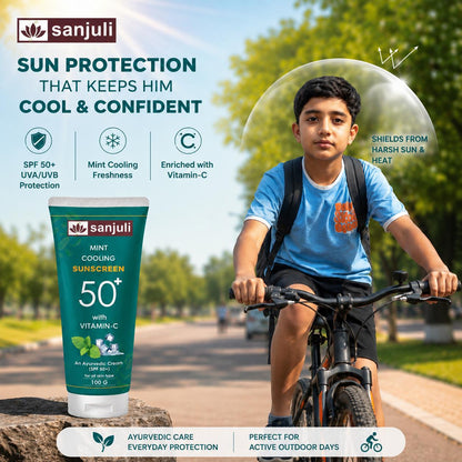 Sanjuli Mint Cooling Sunscreen SPF 50+ with Vitamin C, Neem, Elaichi, Aloevera, Carrot, Glycerine | Ayurvedic Sun Protection Cream with Mint Cooling Effect | Broad Spectrum UVA/UVB | For All Skin Types | Non-Greasy |100g