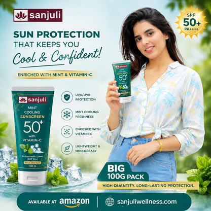 Sanjuli Mint Cooling Sunscreen SPF 50+ with Vitamin C, Neem, Elaichi, Aloevera, Carrot, Glycerine | Ayurvedic Sun Protection Cream with Mint Cooling Effect | Broad Spectrum UVA/UVB | For All Skin Types | Non-Greasy |100g