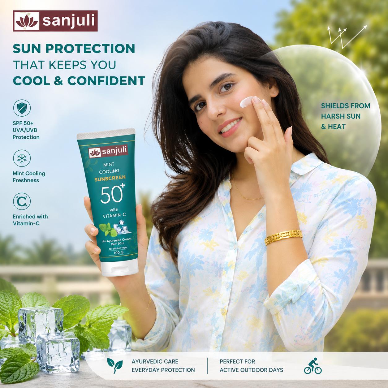 Sanjuli Mint Cooling Sunscreen SPF 50+ with Vitamin C, Neem, Elaichi, Aloevera, Carrot, Glycerine | Ayurvedic Sun Protection Cream with Mint Cooling Effect | Broad Spectrum UVA/UVB | For All Skin Types | Non-Greasy |100g